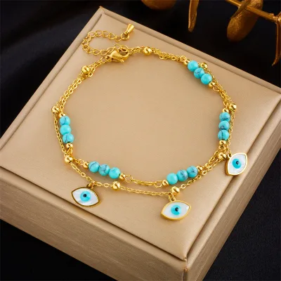 Unisex 18K Gold Plated Stainless Steel Anklet Double Pearl Eyes Star Turquoise Pendant Gift