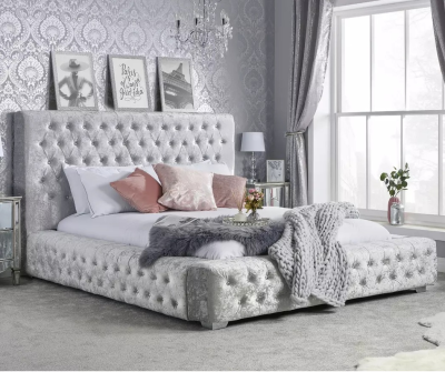 Headboard Bed with Crystal Buttons Crush Velvet Upholstered king Size Bed