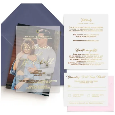 Elegant Modern Clear Acrylic Wedding Invitation with Personalized Photo & Gold Foil Text Durable & Eco-Friendly