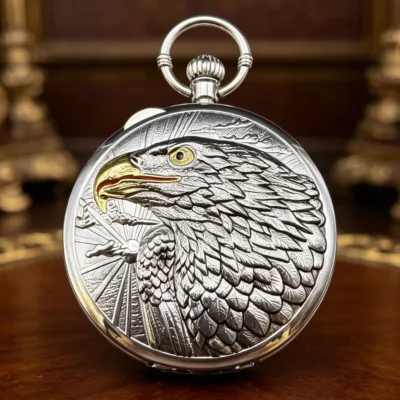 European  American Style 3D Embossed Eagle Music Pocket Watch vintage Engraved Craft Pocket Watch