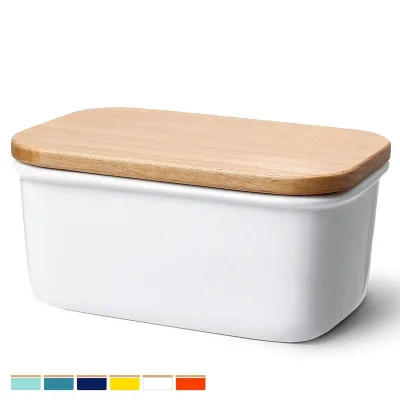 Large Ceramic Butter Dish Porcelain Keeper with Beech Wooden Lid, Perfect for 2 Sticks of Butter