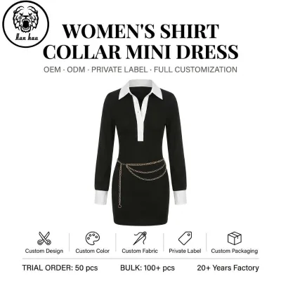 Black Knit Mini Dress with Contrast White Shirt Collar & Cuffs, Fitted Long Sleeve Bodycon Dress Support OEM & ODM Service