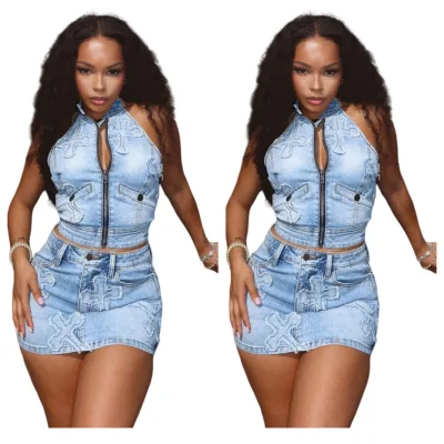 MZ88583 Dropship Women Casual Dresses Embroidery Cross Women's Denim Sets Halter Crop Top With Stretchy Mini 2 Piece Skirt Sets