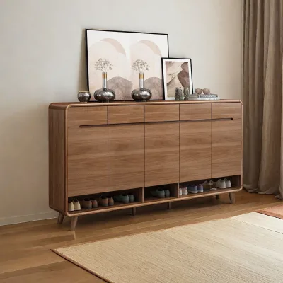 Solid Wood Shoe Cabinet with Drawers and Doors 4 Doors Walnut Entryway Storage Open Shelf for Living Room Apartment Chaussure