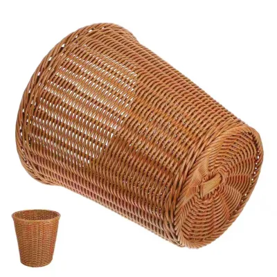 Plastic Material Lightweight Compact Woven Rattan Trash Can Home Decor False Rattan Garbage Bin Storage Baskets Simulated Rattan
