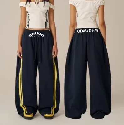 Y2k Windproof Loose Stacked Sweat Pants Women Wide Leg Baggy Nylon Sweatpants Running Side Striped Pants