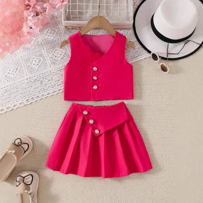 Girls 4-7 Years Old Summer Fashionable Two-Piece Casual Suit Solid Pattern Skirt with Cute Design Reactive Dyes