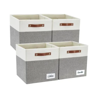 Bagnizer Linen Storage Cube Bins 4 Pack 22x22x22cm Gray & White