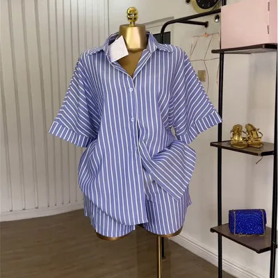 Latest Design Fashion Summer Casual Lounge Wear Women Stripped Short Sleeve Cardigan Shirt and Shorts Pant 2 Pieces Set