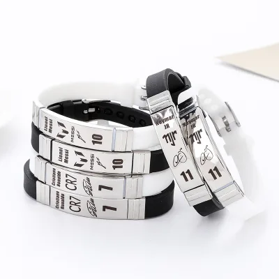 Football Star Wristband No.7 for Neymar Ronaldo Adjustable Silicone Stainless Steel Sports Basketball Star Name Bracelet