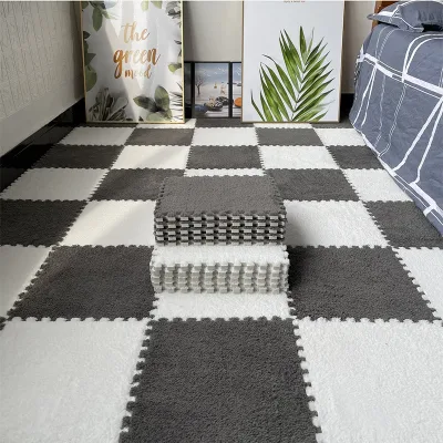 Thickened Plush Interlocking Floor Mat Fluffy Square Tiles EVA Foam Mats with 16 Edgings Soft Anti-Slip Play Mat for Room