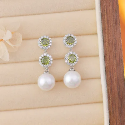 Exquisite Daily Fashion Dangle Earrings Small Design High-Grade Olive Green Imitation Pearl Zircon Long Dangling for Parties
