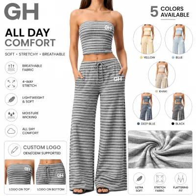 GH Wholesale Women Premium Striped Relaxed Fit Elastic Waist Wide Leg Pants Casual Pilates Gym Fitness Lightweight Yoga Set