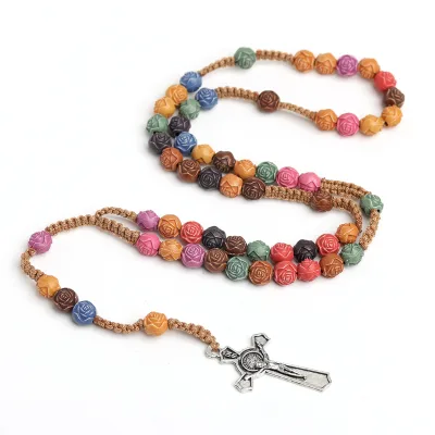 Christian Rose Beads Rosary Necklace for Women INRI Cross Crucifix Pendant Long Chain Fashionable Religious Jewelry Gift Wood