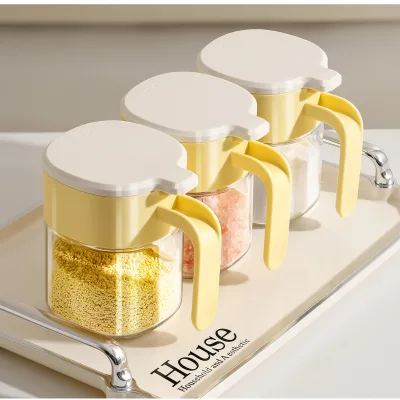 Modern Simple Glass 400ml Square Seasoning Jar Bottle Set Moisture-Proof Sealed Yellow/Green Options Kitchen Storage