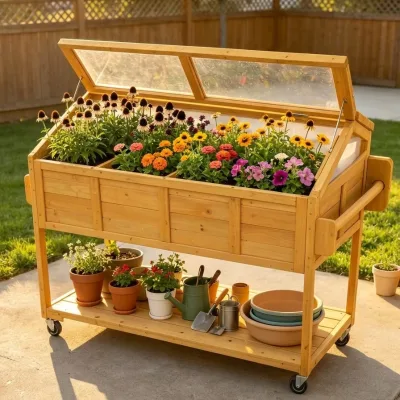 `Factory Wholesale Mobile Wooden Raised Garden Bed With Greenhouse Cover Outdoor Backyard Planting Planter Box With Wheels`