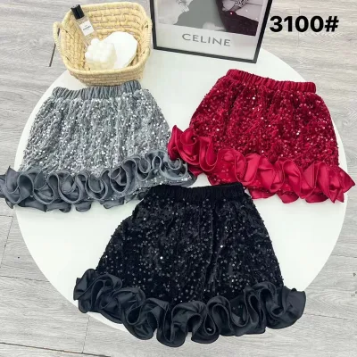 AY Cross-Border Womens Girls Beaded Sparkly Fur-Trimmed Sequin A-Line Short Skirt with Fluffy Hem for Little Girls