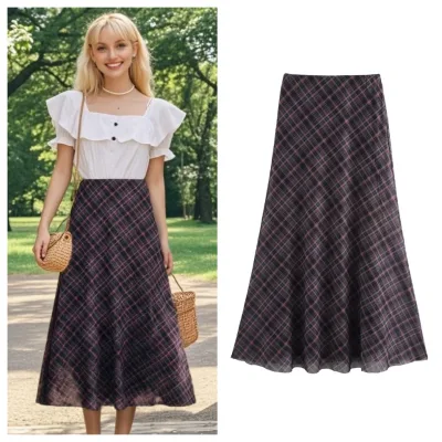 PB&ZA Womens High Waisted Linen Plaid Midi Skirt Natural Waist Flared Hem Classic and Stylish Outfits for Spring Casual Style