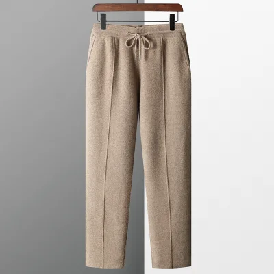 Men's Padded Seven-needle Cashmere Casual Pants in Autumn and Winter Wear-resistant Knitted Warm Pants With Split Ends.