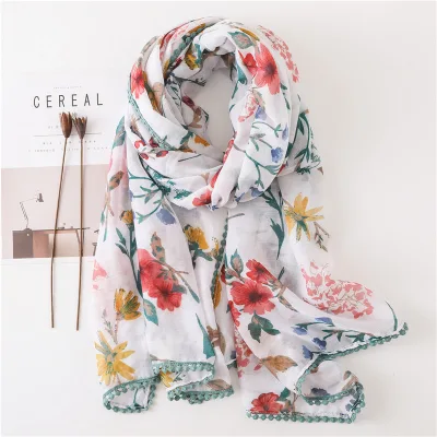 Y-Z Ethnic Style Colorful Spring Floral Garden Pastel Scarves Lace Cotton Voile Vintage Thin Bohemian Scarf