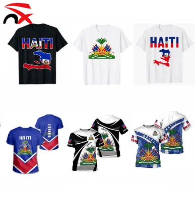 Custom logo Polyester Men's Short Sleeve T-shirt Haiti Celebration T-shirt with Haitian Flag Pattern for Promotional Gift