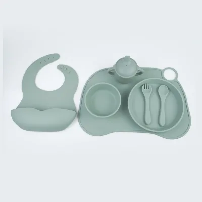 Bpa-Free 5Pcs Gift Toddler Plates Suction Bowl Fork Spoon Bib Silicone Baby Feeding Set