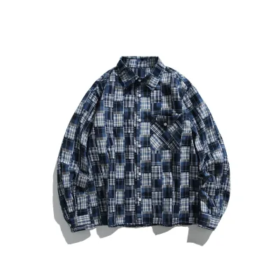 Wholesale Vintage Patchwork Plaid Shirt Men Loose Long Sleeve Poly Blend Japanese Workwear Support Fast Sampling