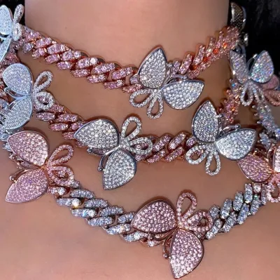 Red Pink Purple Blue Pastel Colorful Big Butterfly Charm 12mm Iced Out Bling Cuban Women Choker Necklace