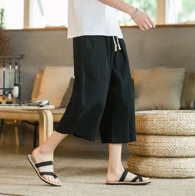 Ecowalson  Casual Chinese Seven-quarter Pants Trendy Chinese Style Men's Wide Leg Pants Casual Shorts Summer