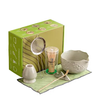 Embossed Cherry Blossom Ceramic Matcha Tea Set Japanese Style Pink Egg Bitter Bracket Bamboo Spoon Sieve 7-Piece Set