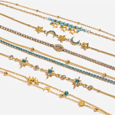 Elegant Vintage Women's Quiet Feeling Holiday Jewelry 18K Gold Plated Stainless Steel Star Moon Zircon Bracelet for Gift