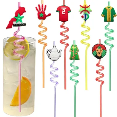 Cross-border New Moroccan-style PET Material Beverage Decoressential Parties Gatherings; Wholesale Spiral Multicolor Straws
