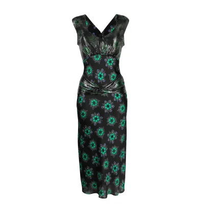 Latest Design Trending V Neck Sleeveless Luxurious Floral Print Women Straight Midi Elegant Prom Dresses Evening Ball Gowns Sexy