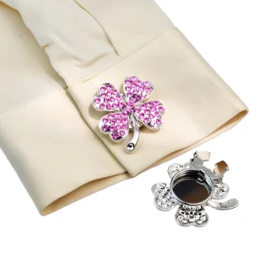 Four-Leaf Clover Rhinestone Silver Plated Zinc Alloy Flower Shape Unisex Anniversary Brooch Pins Clip-On Button Cover