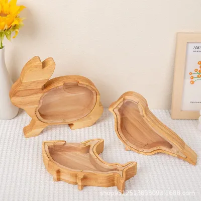 Cartoon Wooden Rabbit Piggy Bank Handmade Transparent Lid Ornament for Home Creative Wooden Animal Design