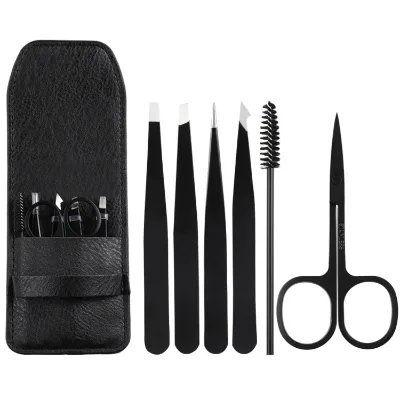 Professional Stainless Steel Black Universal Eyebrow Tweezers Set 6pcs Eyelash Tweezers and Scissors Curly Eyelash Clip