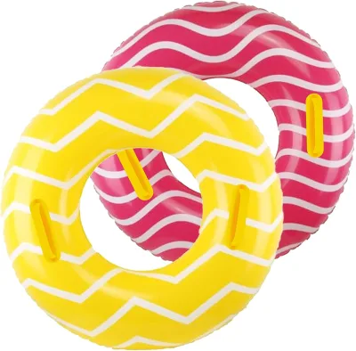 2 Pack Striped PVC Inflatable Pool Tubes with Handles Child-Sized 39" Swim Ring Floaties Pool Float Beach Water Toys