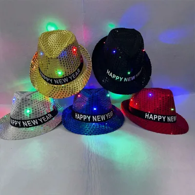Led Happy New Year Sequin Fedora Hat Light up Party Accessory for Eve Celebration Concert Carnival Stage Show Unisex Adults