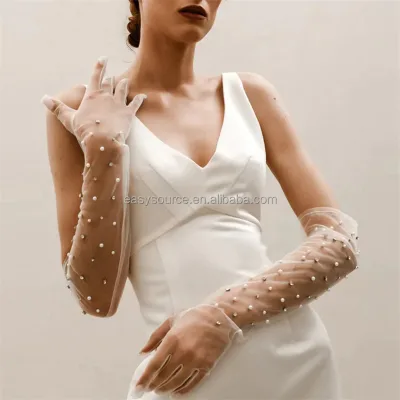 YM102 Vintage Transparent Wedding Gloves Pearls Long Elbow Mittens Gloves Women Party Bridal Dress Accessories