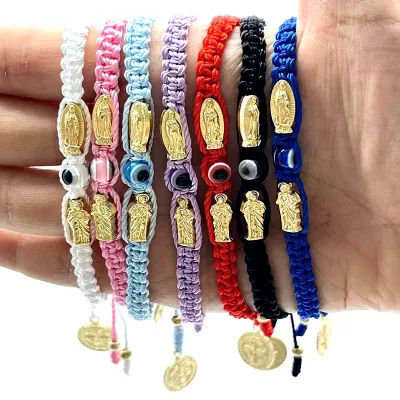 Hanging Saint Benedict Knotted Braid Bracelet With Exorcism Protection Can Prayer 6MM Resin Evil Eyes Virgin Mary and Saint Jude