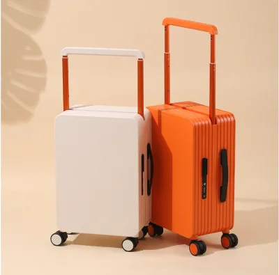 2026 Fashion Modern Aluminium Frame Flat Travel Suitcase Custom Logo Waterproof Cabin Pure PC Wide Handle Spinner Light Weight