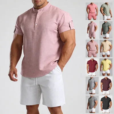 Men Mandarin Collar Short Sleeve Henley Shirt Half Button Roll Cuff Slim Fit Cotton Linen Summer Casual Tops