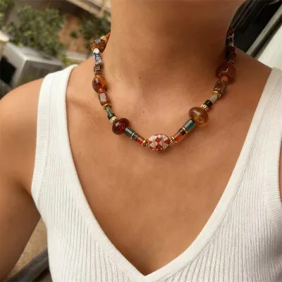 Light Luxury Bohemian Irregular Brown Resin Stainless Steel Natural Stone Beaded Choker Necklace Adjustable for Party Wear
