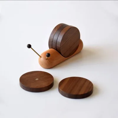 Factory Wholesale Natural Walnut Solid Wood Drink Coaster Custom Logo Round Wooden Cup Mat With Rack for Home Bar Bulk Supply