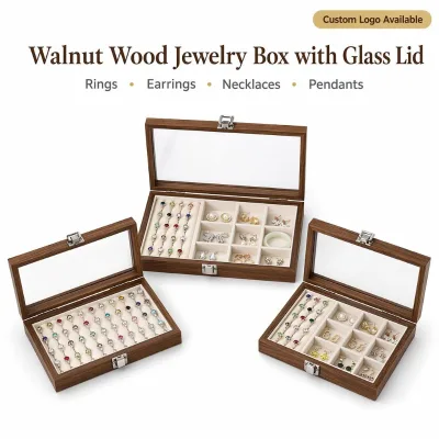 Wholesale Custom Eco-friendly Simple Modern Walnut Wood Jewelry Box Clear Glass Lid Velvet Lining Ring Earring Organizer Storage