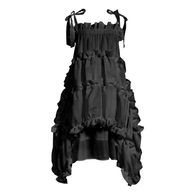 Hot Fashion Black Irregular Ruffles Spaghetti Strap Dress Women's Sleeveless Simulated Silk Irregular Hem Tiered Dresses