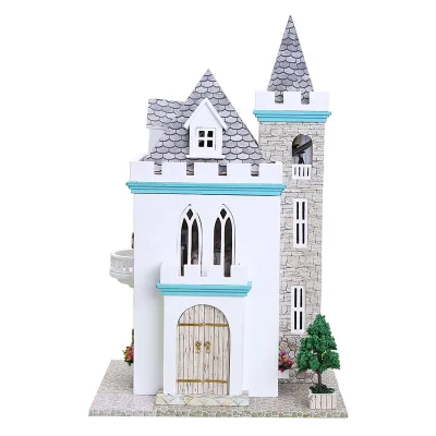 IIECREATE 24 Scale DIY Wooden Puzzle Doll House Kits Miniature White Castle for Kids & Adults Toy for Fun & Creativity