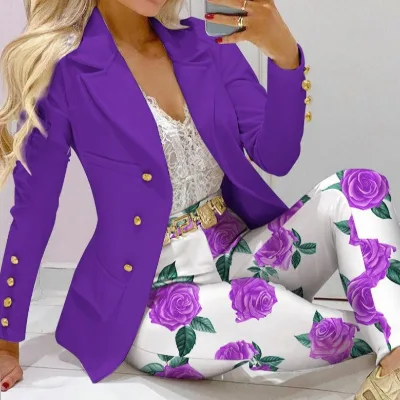 Spring Women's Casual Fashion Suit 2 Piece Long Set with Button Detail Polyester Full Length