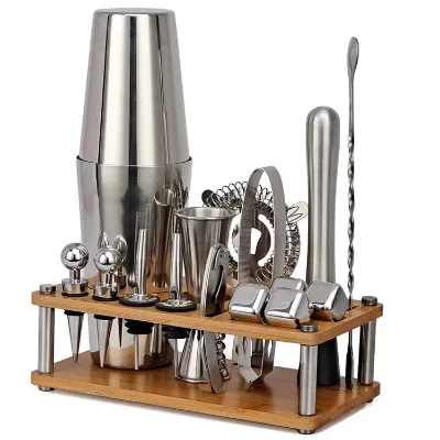 Professional Wooden Rack Bright Silver 25 oz Cocktail Shaker Set 16 Pcs Mixology Bartender Kit with Stand