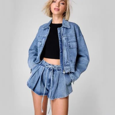 Women's 2025 Casual High Waist Denim Jacket Loose Thin Short Suit with Zipper Pocket Coat